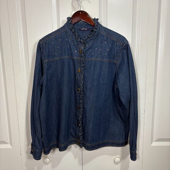 Krazy Kat Denim Jacket Women’s L Boho Western Ruffle Pearl Snap Y2K Bling - Picture 1 of 6